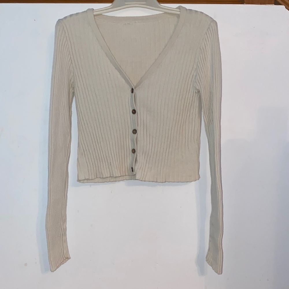 Self Size Large White Ribbed Cropped Cardigan